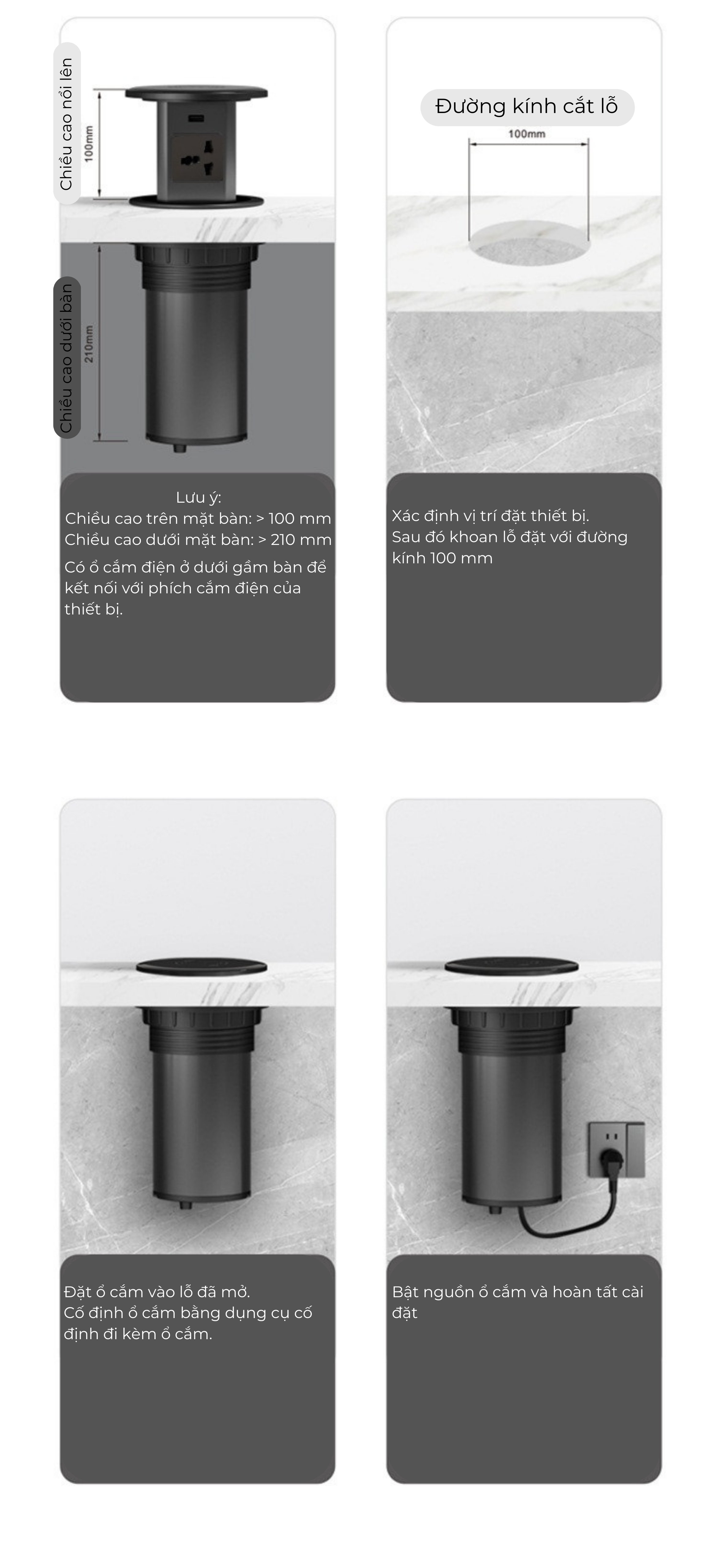 Hộp ổ điện âm bàn bếp, bàn đảo  Novalink KA-01 | 4 ổ cắm 13A, USB A+C, sạc 15W